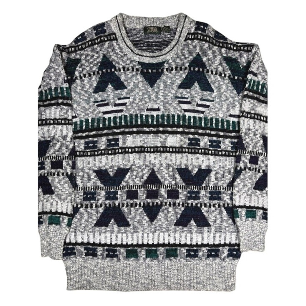 Vintage Stefano Man Sweater Men's Grey Navy Geometric Knit Pullover Grandpa XL